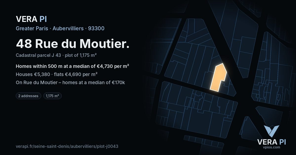 48 Rue du Moutier, Aubervilliers at night – the plot lit, the parcels around coloured by the prices near them