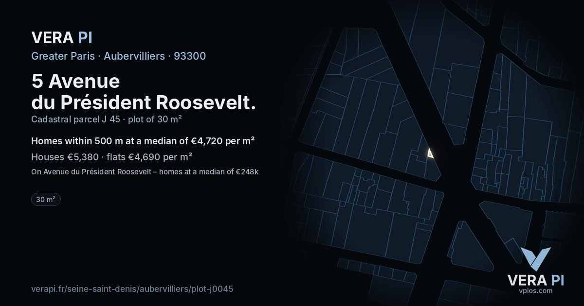 5 Avenue du Président Roosevelt, Aubervilliers at night – the plot lit, the parcels around coloured by the prices near them
