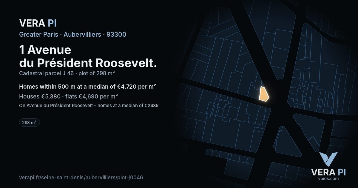 1 Avenue du Président Roosevelt, Aubervilliers at night – the plot lit, the parcels around coloured by the prices near them