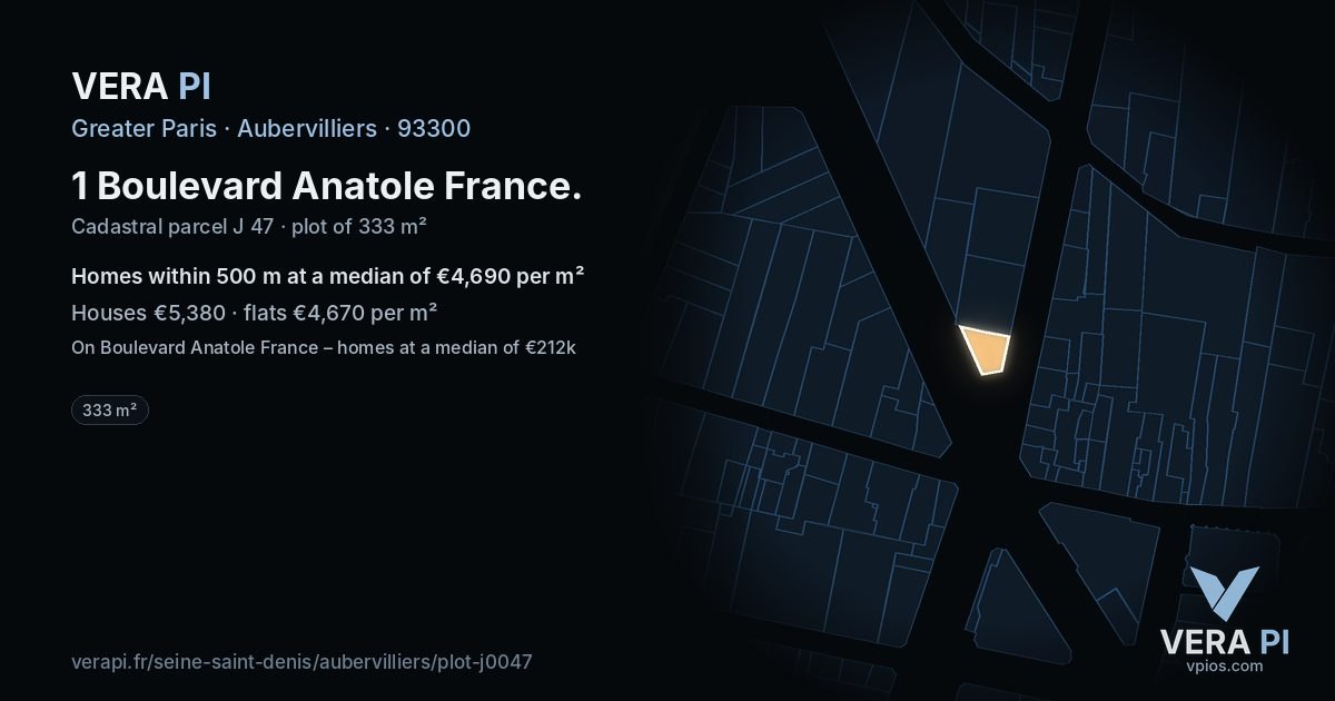 1 Boulevard Anatole France, Aubervilliers at night – the plot lit, the parcels around coloured by the prices near them