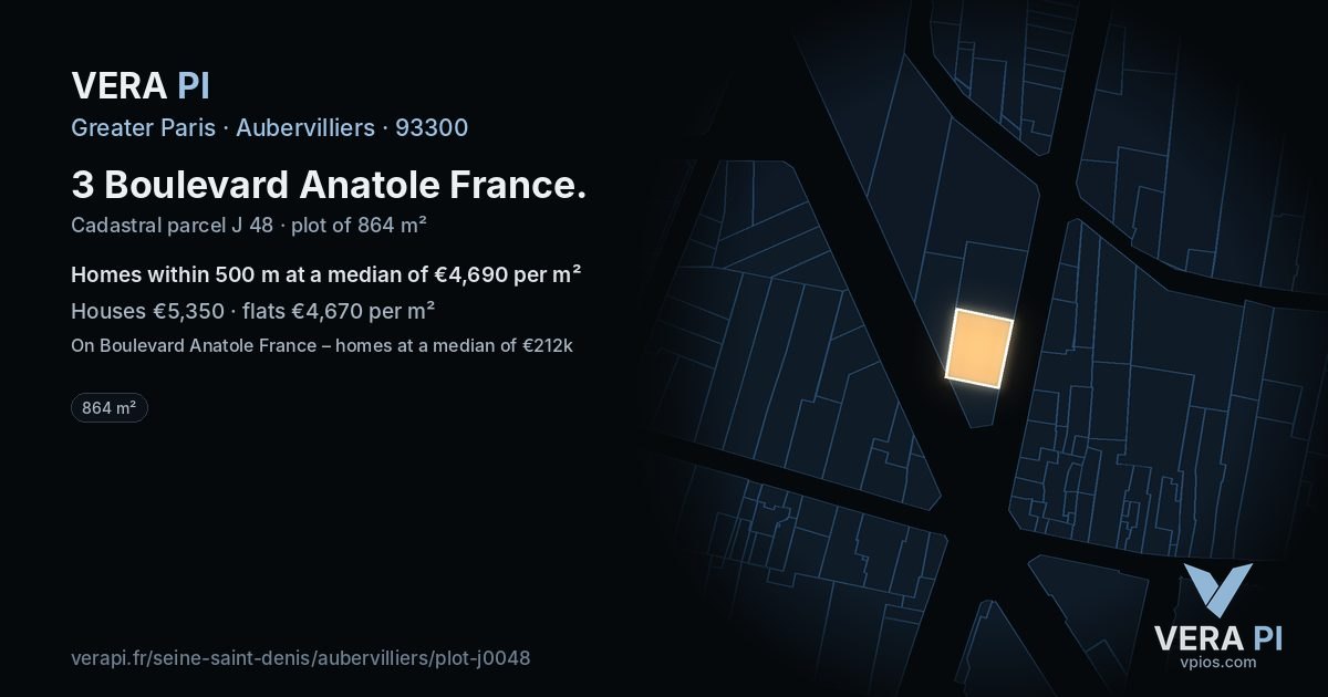 3 Boulevard Anatole France, Aubervilliers at night – the plot lit, the parcels around coloured by the prices near them