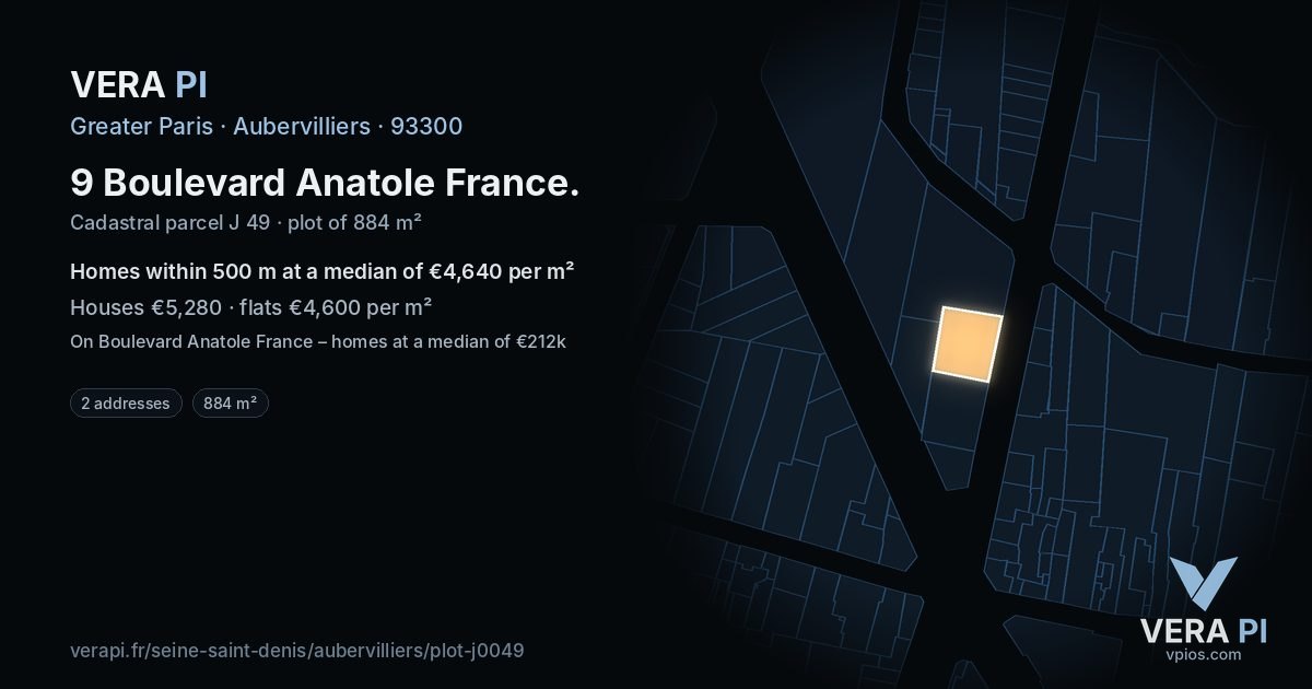 9 Boulevard Anatole France, Aubervilliers at night – the plot lit, the parcels around coloured by the prices near them
