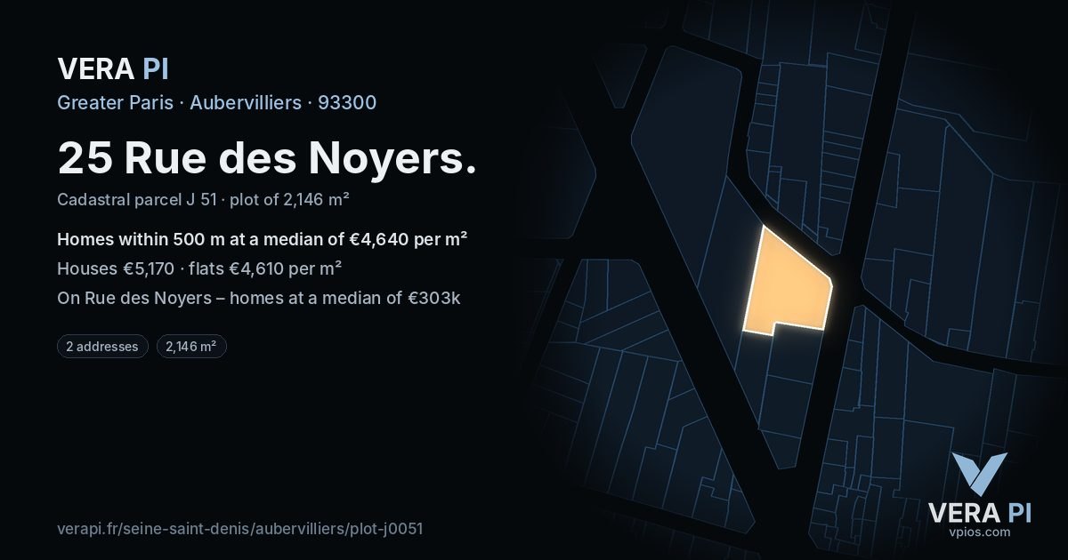 25 Rue des Noyers, Aubervilliers at night – the plot lit, the parcels around coloured by the prices near them