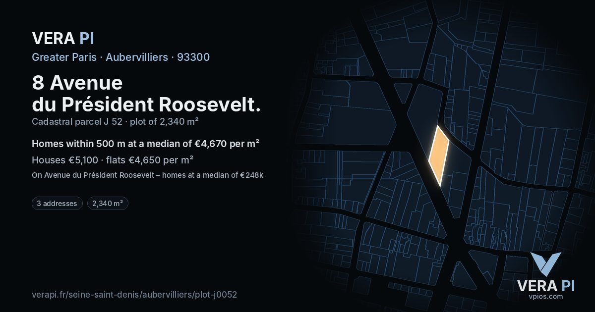 8 Avenue du Président Roosevelt, Aubervilliers at night – the plot lit, the parcels around coloured by the prices near them