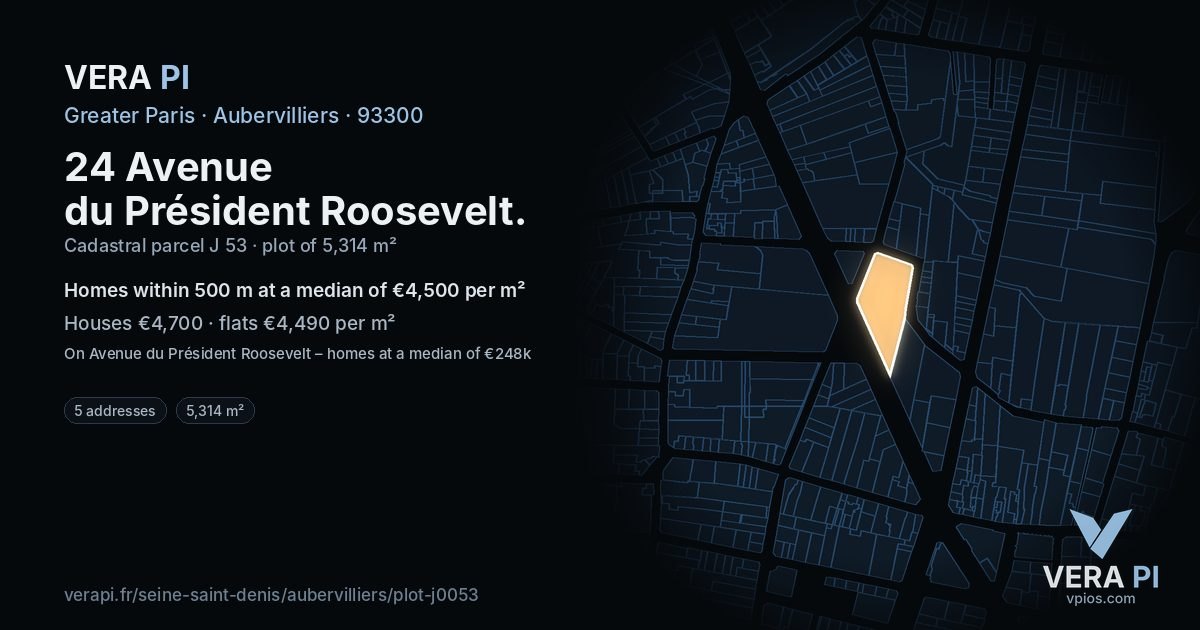 24 Avenue du Président Roosevelt, Aubervilliers at night – the plot lit, the parcels around coloured by the prices near them