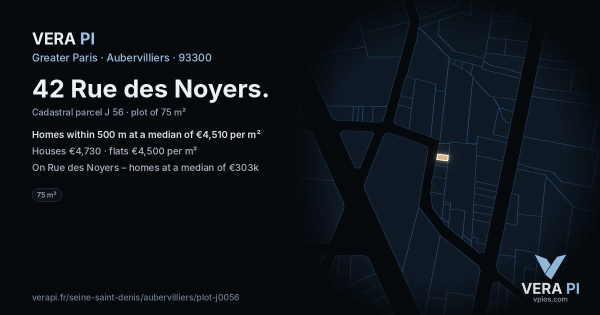 42 Rue des Noyers, Aubervilliers at night – the plot lit, the parcels around coloured by the prices near them