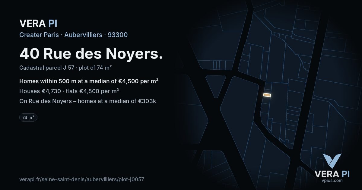 40 Rue des Noyers, Aubervilliers at night – the plot lit, the parcels around coloured by the prices near them