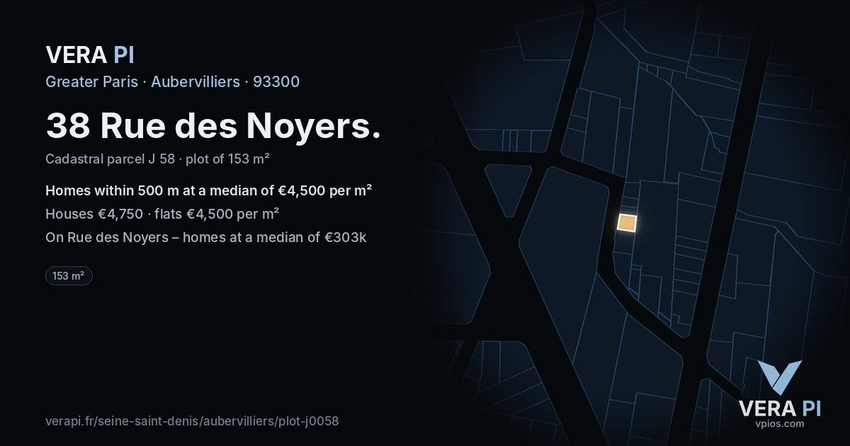 38 Rue des Noyers, Aubervilliers at night – the plot lit, the parcels around coloured by the prices near them