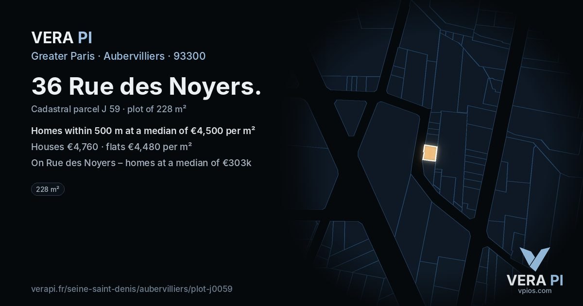 36 Rue des Noyers, Aubervilliers at night – the plot lit, the parcels around coloured by the prices near them
