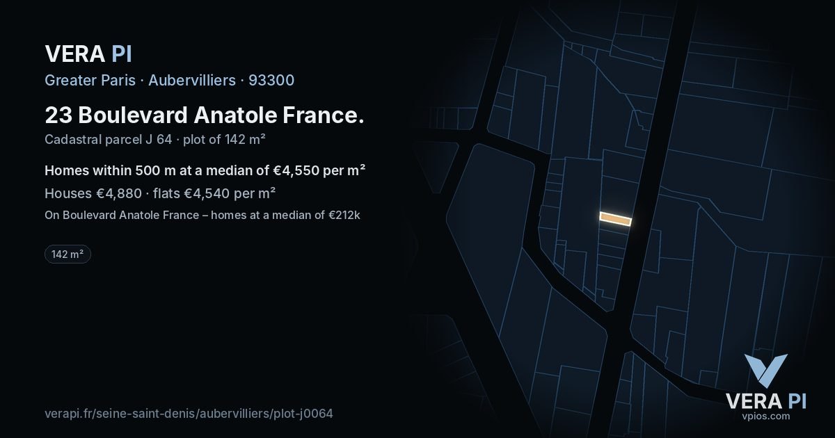 23 Boulevard Anatole France, Aubervilliers at night – the plot lit, the parcels around coloured by the prices near them