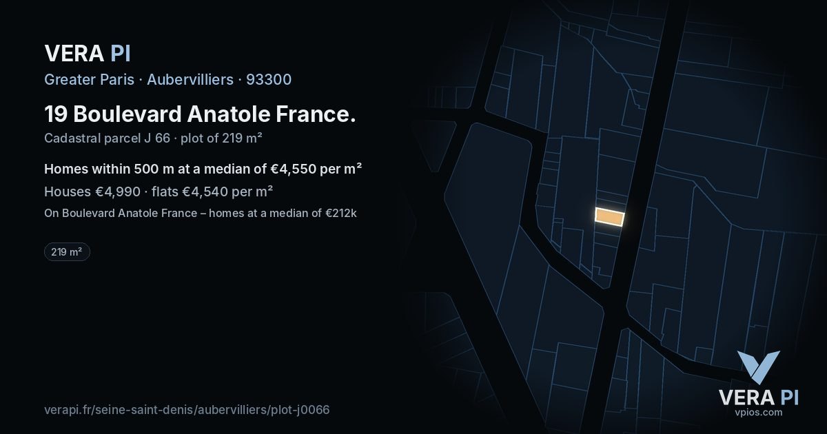 19 Boulevard Anatole France, Aubervilliers at night – the plot lit, the parcels around coloured by the prices near them