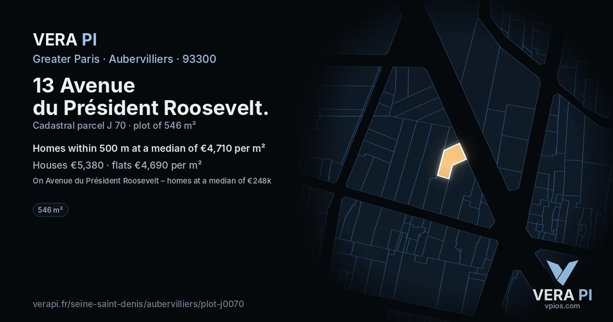 13 Avenue du Président Roosevelt, Aubervilliers at night – the plot lit, the parcels around coloured by the prices near them