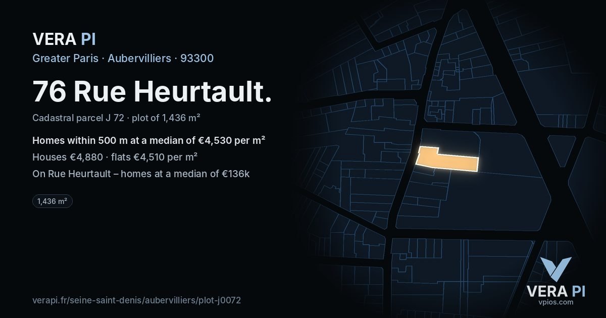 76 Rue Heurtault, Aubervilliers at night – the plot lit, the parcels around coloured by the prices near them