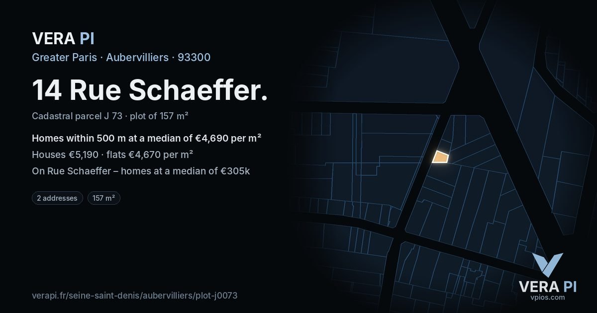14 Rue Schaeffer, Aubervilliers at night – the plot lit, the parcels around coloured by the prices near them