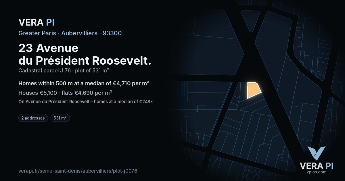23 Avenue du Président Roosevelt, Aubervilliers at night – the plot lit, the parcels around coloured by the prices near them