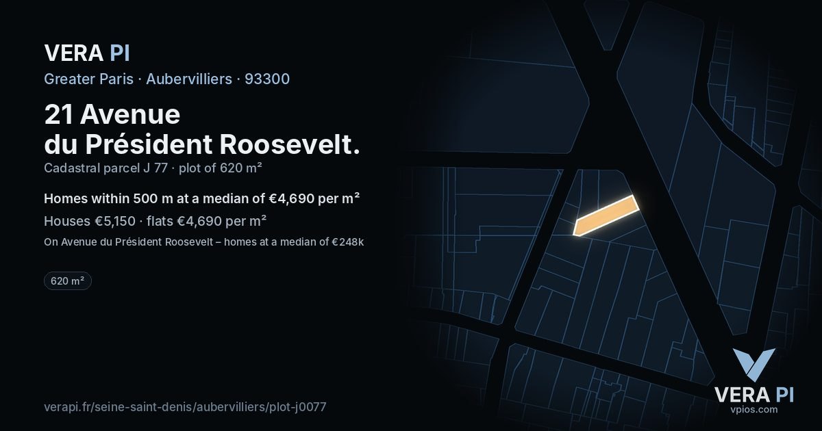 21 Avenue du Président Roosevelt, Aubervilliers at night – the plot lit, the parcels around coloured by the prices near them