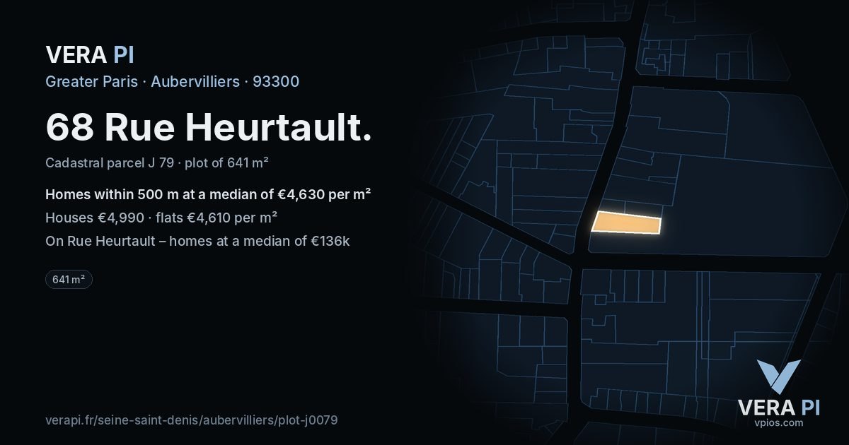 68 Rue Heurtault, Aubervilliers at night – the plot lit, the parcels around coloured by the prices near them