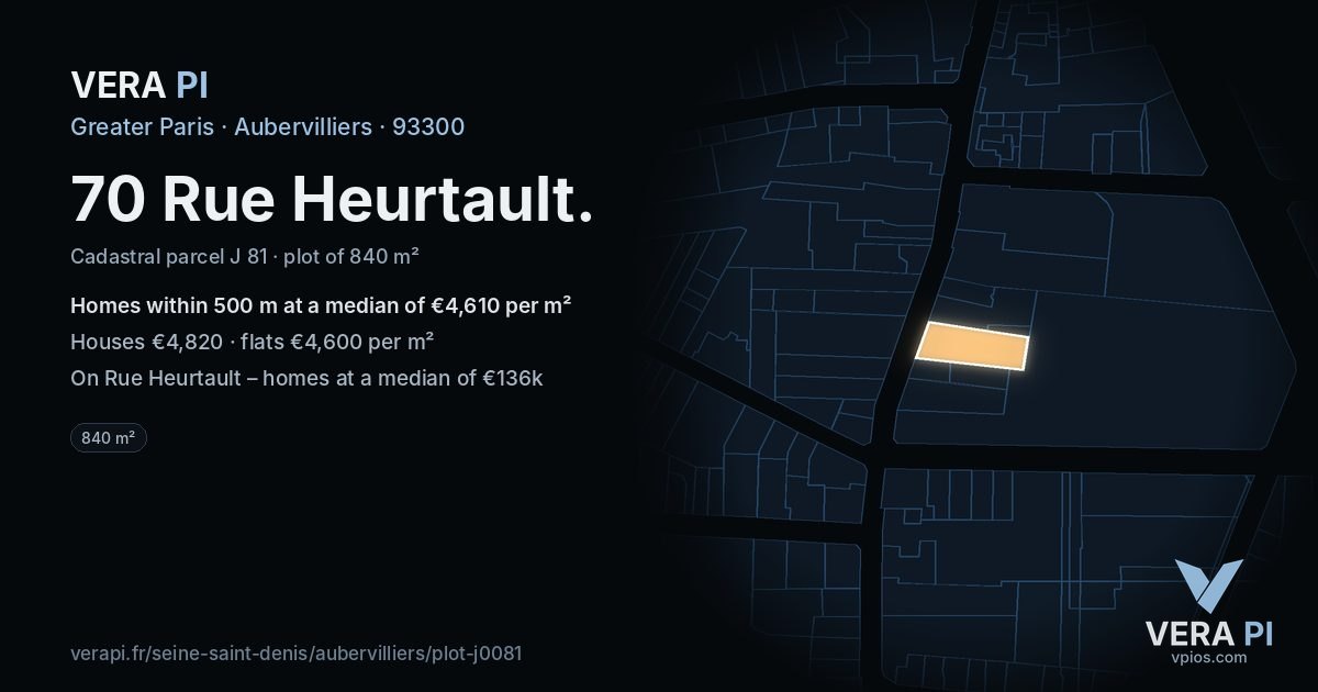 70 Rue Heurtault, Aubervilliers at night – the plot lit, the parcels around coloured by the prices near them