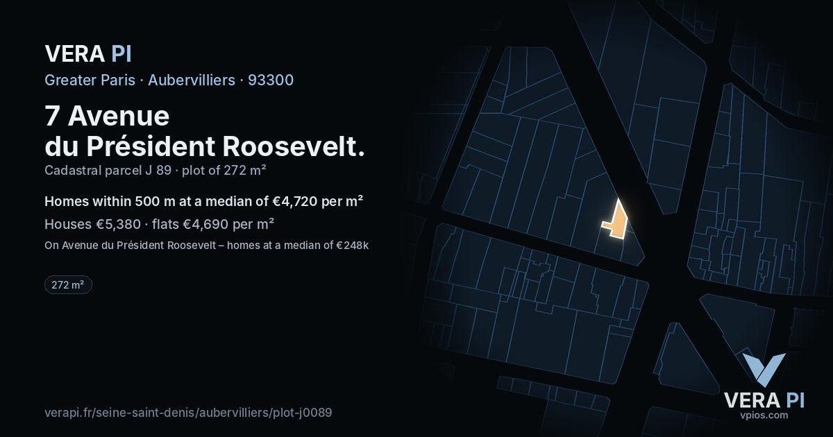 7 Avenue du Président Roosevelt, Aubervilliers at night – the plot lit, the parcels around coloured by the prices near them