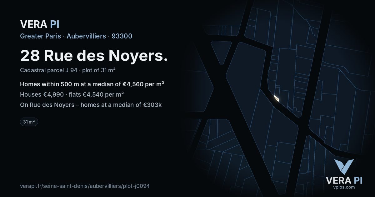 28 Rue des Noyers, Aubervilliers at night – the plot lit, the parcels around coloured by the prices near them