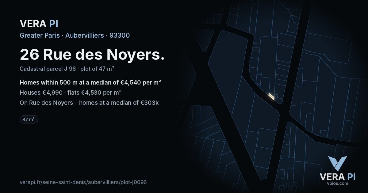 26 Rue des Noyers, Aubervilliers at night – the plot lit, the parcels around coloured by the prices near them