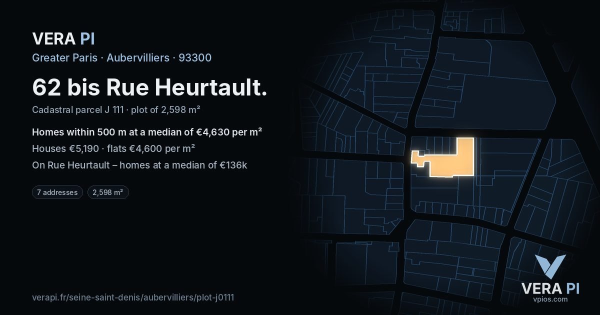 62 bis Rue Heurtault, Aubervilliers at night – the plot lit, the parcels around coloured by the prices near them