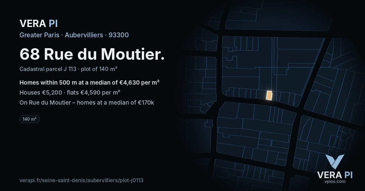 68 Rue du Moutier, Aubervilliers at night – the plot lit, the parcels around coloured by the prices near them