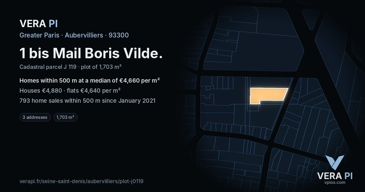 1 bis Mail Boris Vilde, Aubervilliers at night – the plot lit, the parcels around coloured by the prices near them