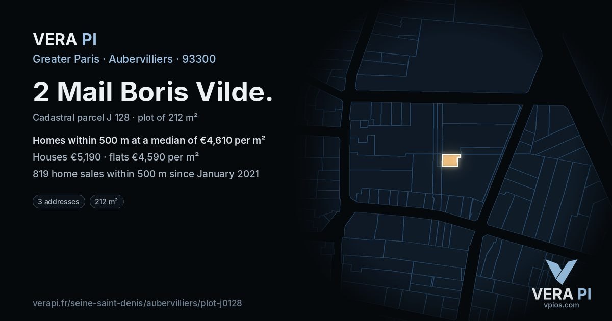 2 Mail Boris Vilde, Aubervilliers at night – the plot lit, the parcels around coloured by the prices near them