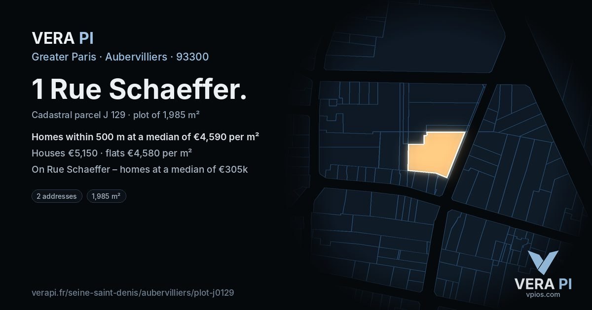 1 Rue Schaeffer, Aubervilliers at night – the plot lit, the parcels around coloured by the prices near them