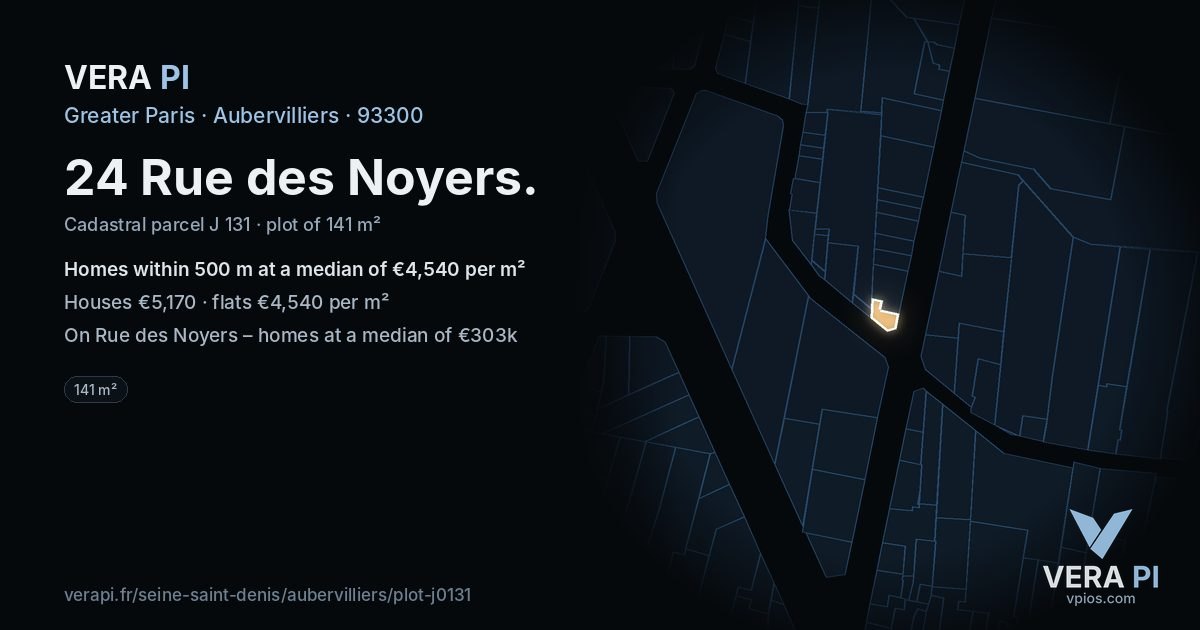 24 Rue des Noyers, Aubervilliers at night – the plot lit, the parcels around coloured by the prices near them