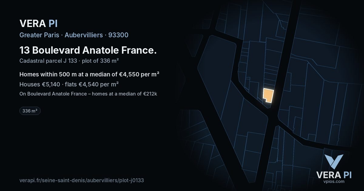 13 Boulevard Anatole France, Aubervilliers at night – the plot lit, the parcels around coloured by the prices near them