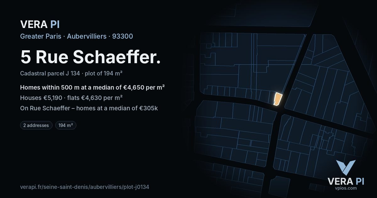 5 Rue Schaeffer, Aubervilliers at night – the plot lit, the parcels around coloured by the prices near them