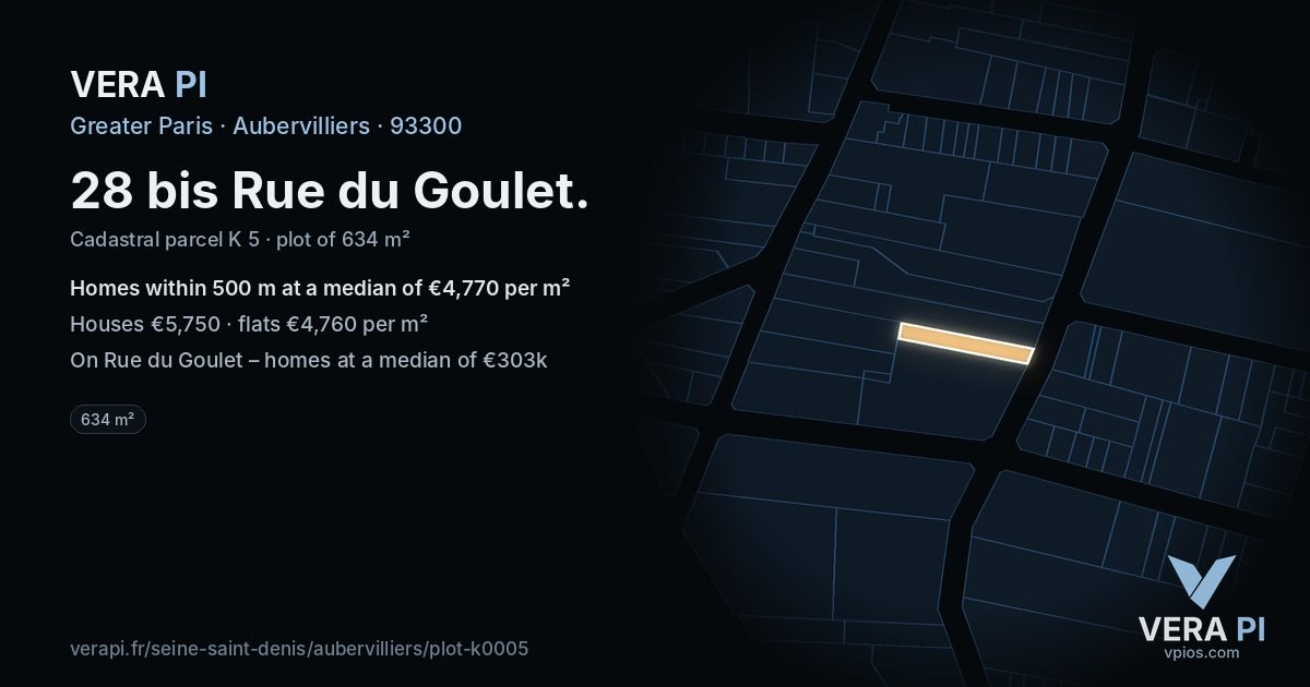 28 bis Rue du Goulet, Aubervilliers at night – the plot lit, the parcels around coloured by the prices near them