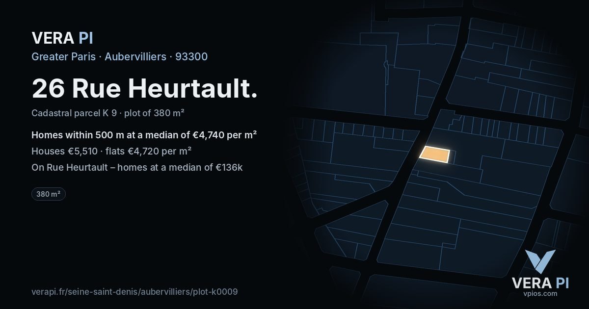 26 Rue Heurtault, Aubervilliers at night – the plot lit, the parcels around coloured by the prices near them