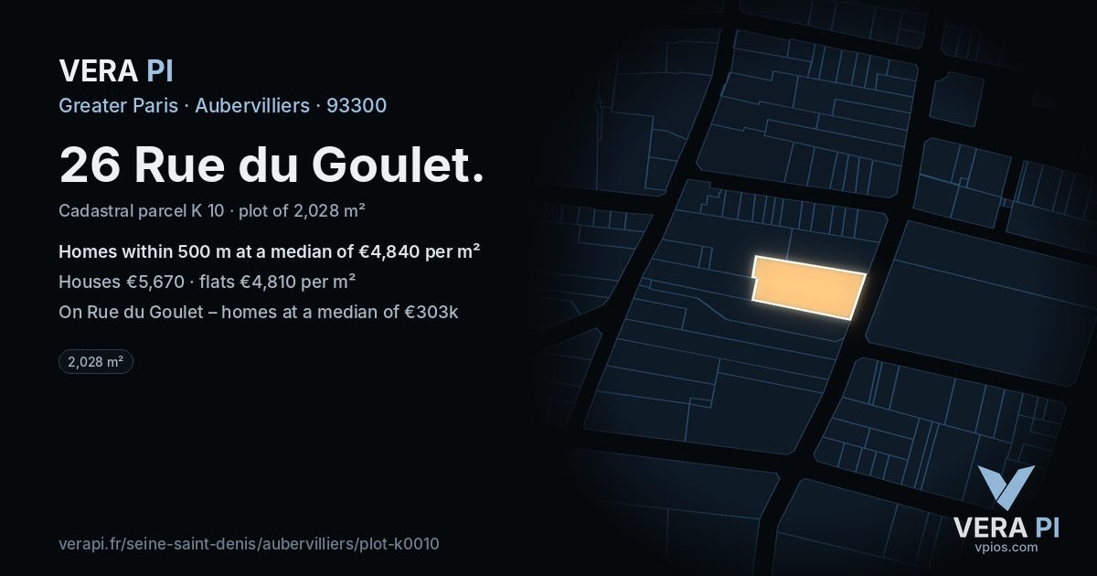 26 Rue du Goulet, Aubervilliers at night – the plot lit, the parcels around coloured by the prices near them