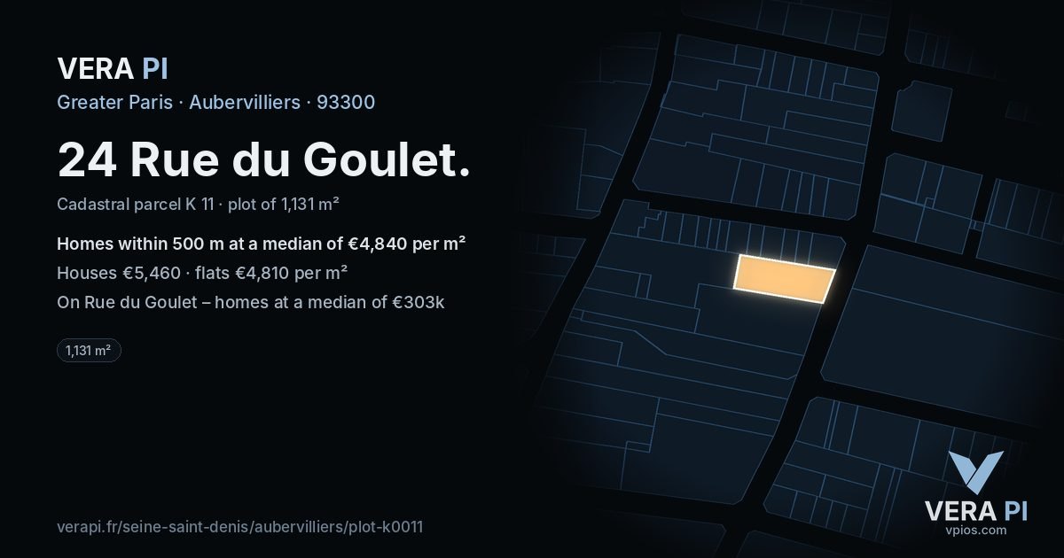 24 Rue du Goulet, Aubervilliers at night – the plot lit, the parcels around coloured by the prices near them
