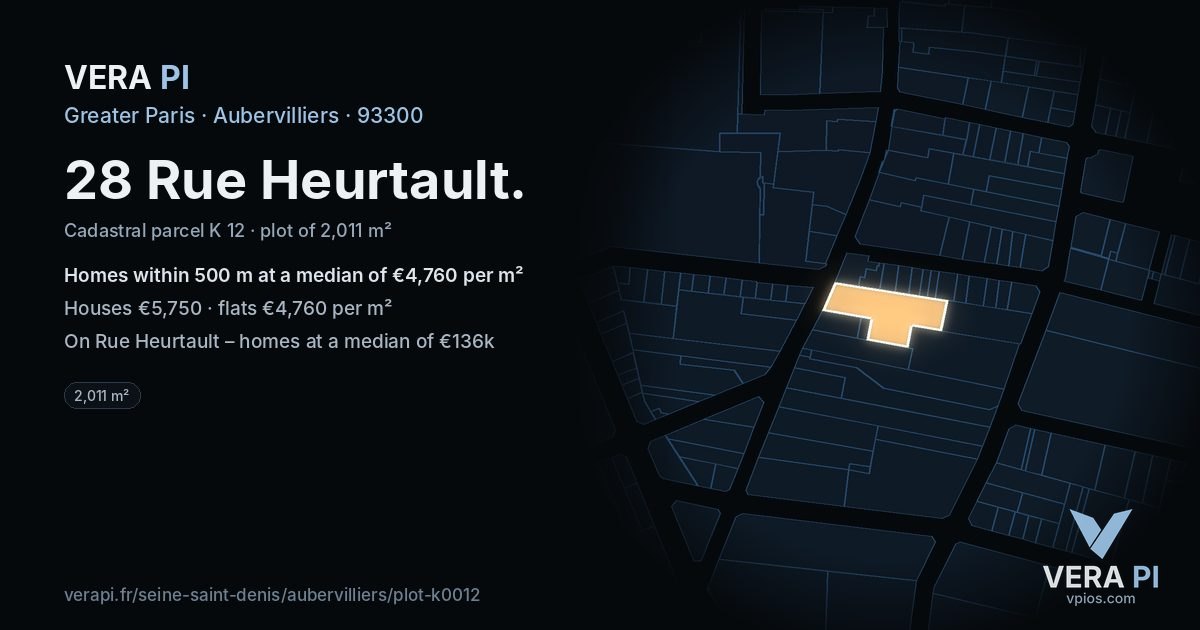 28 Rue Heurtault, Aubervilliers at night – the plot lit, the parcels around coloured by the prices near them
