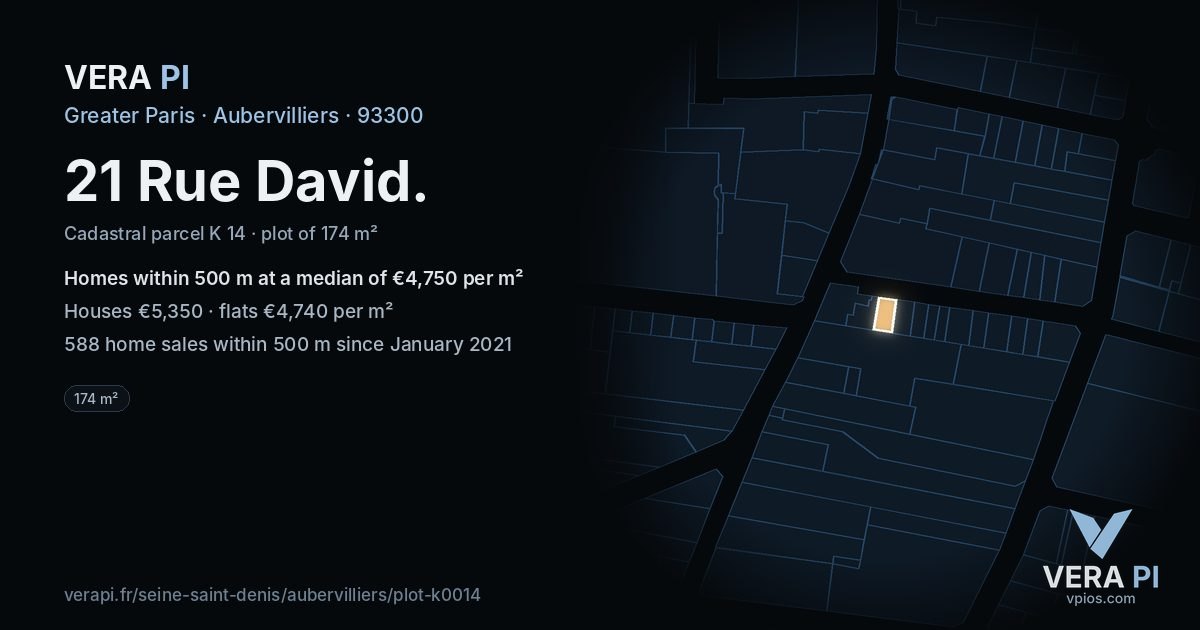 21 Rue David, Aubervilliers at night – the plot lit, the parcels around coloured by the prices near them