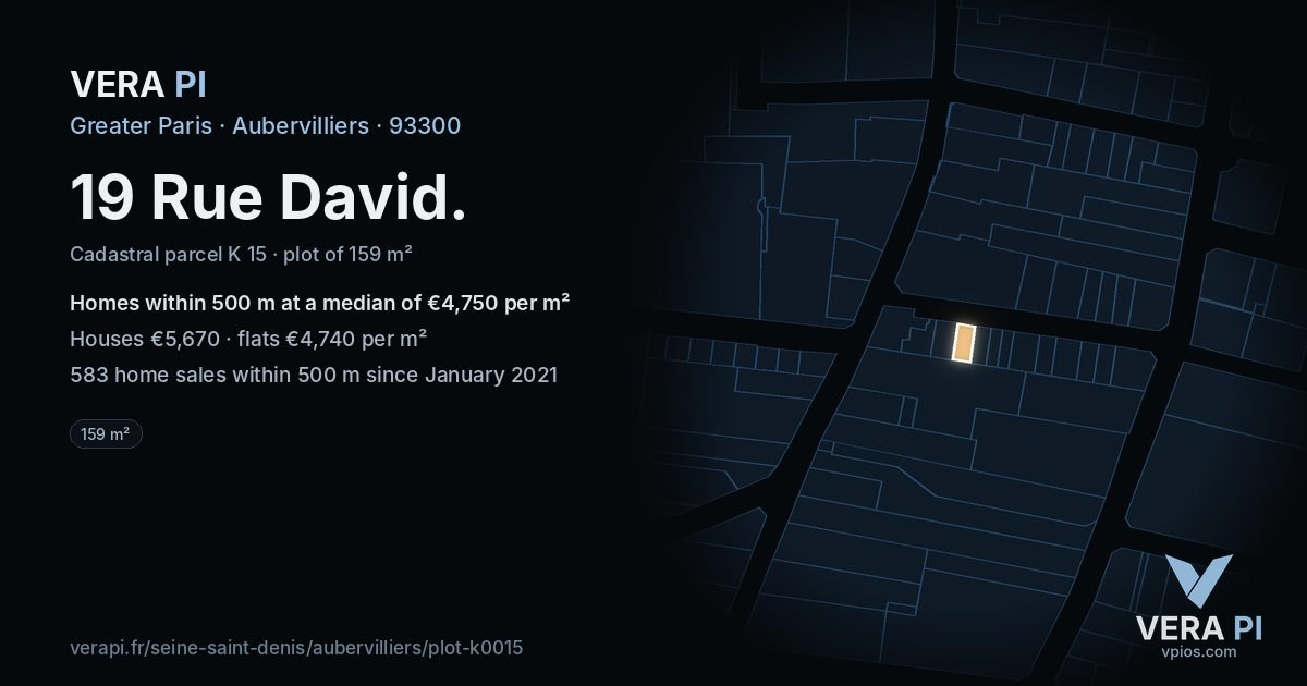 19 Rue David, Aubervilliers at night – the plot lit, the parcels around coloured by the prices near them