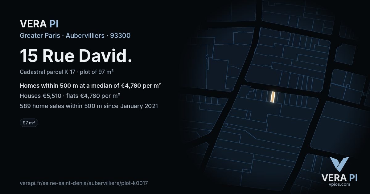15 Rue David, Aubervilliers at night – the plot lit, the parcels around coloured by the prices near them