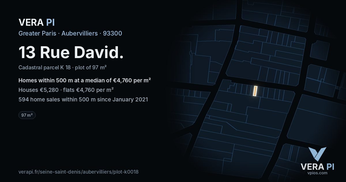 13 Rue David, Aubervilliers at night – the plot lit, the parcels around coloured by the prices near them