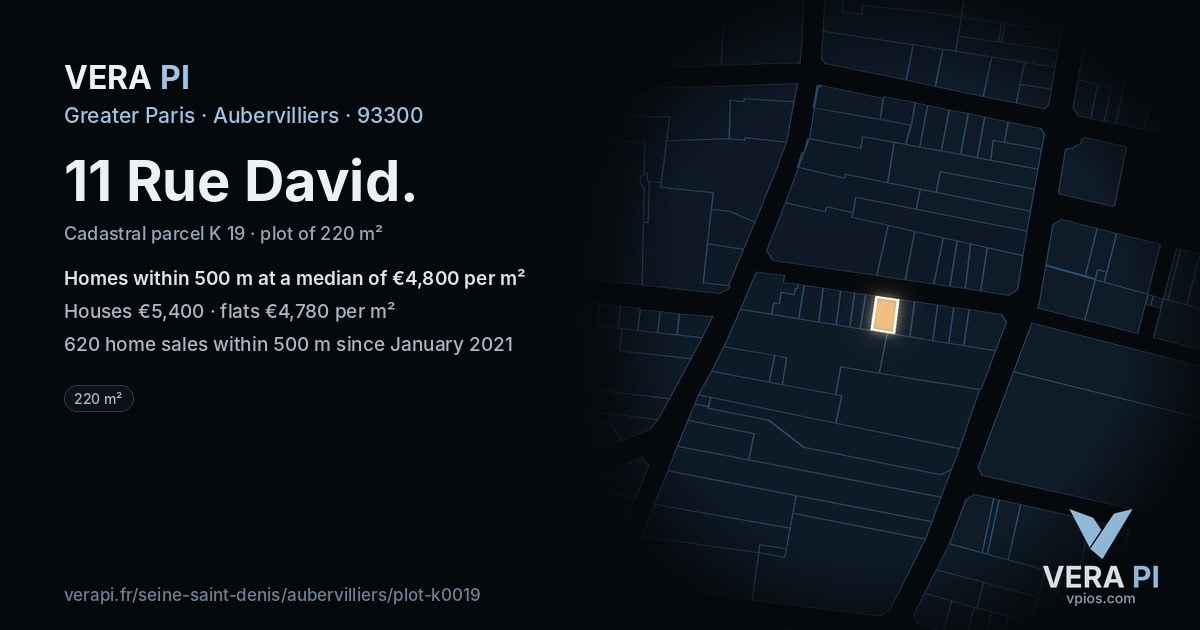11 Rue David, Aubervilliers at night – the plot lit, the parcels around coloured by the prices near them