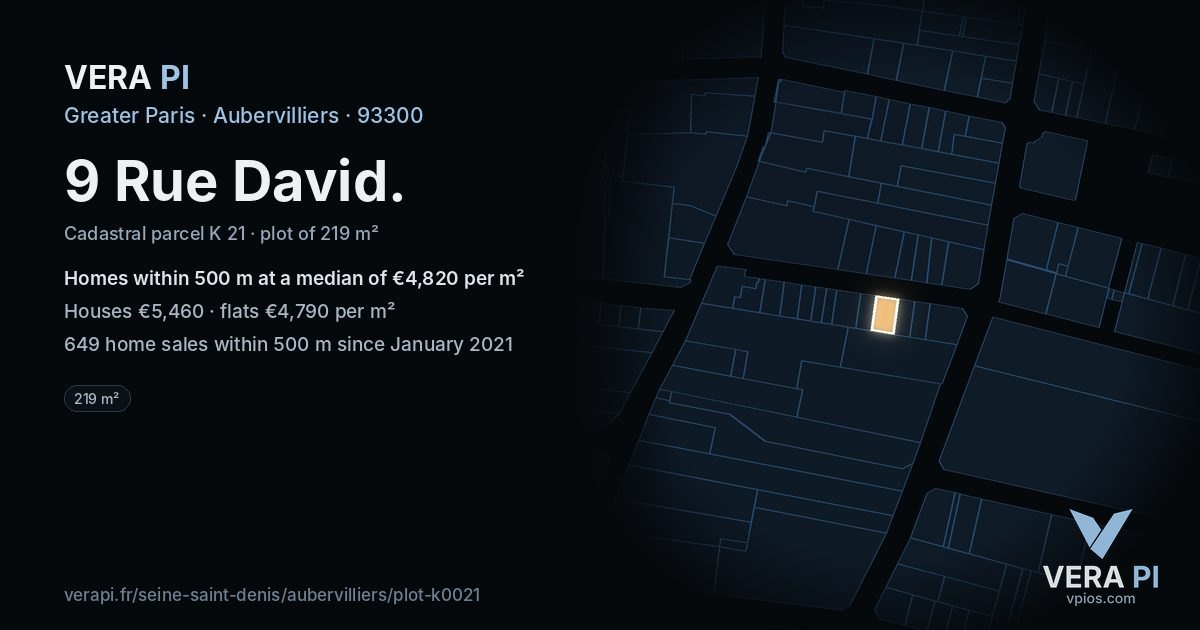 9 Rue David, Aubervilliers at night – the plot lit, the parcels around coloured by the prices near them