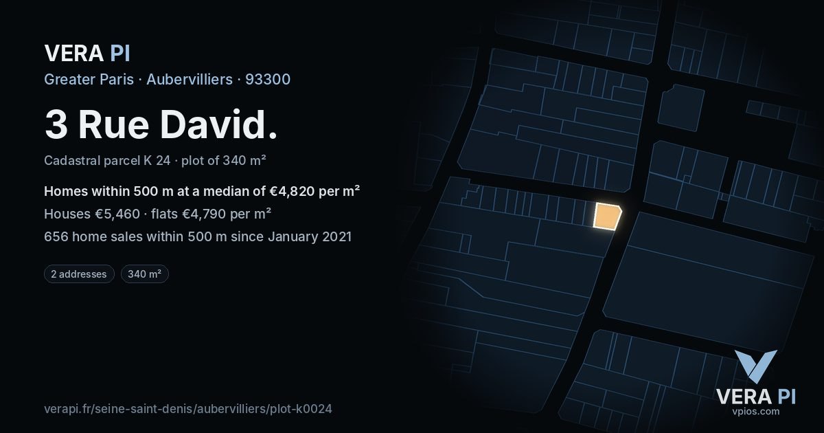 3 Rue David, Aubervilliers at night – the plot lit, the parcels around coloured by the prices near them