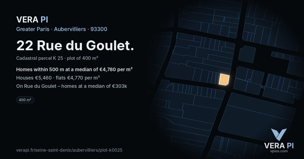22 Rue du Goulet, Aubervilliers at night – the plot lit, the parcels around coloured by the prices near them