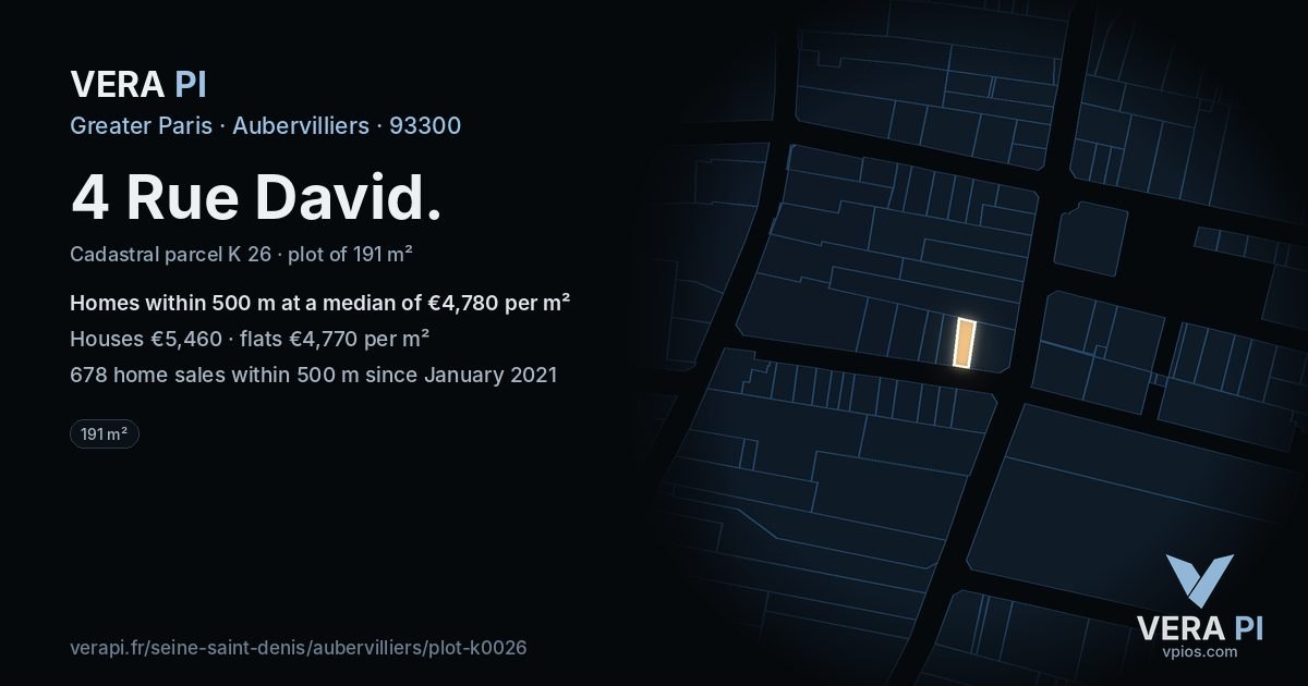 4 Rue David, Aubervilliers at night – the plot lit, the parcels around coloured by the prices near them