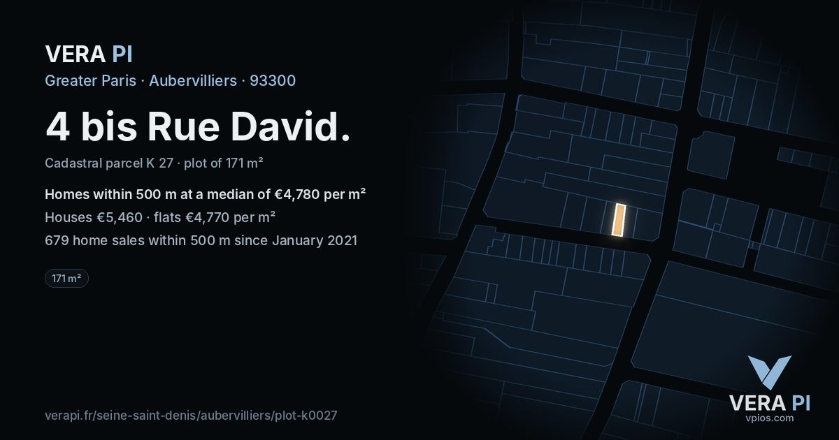 4 bis Rue David, Aubervilliers at night – the plot lit, the parcels around coloured by the prices near them