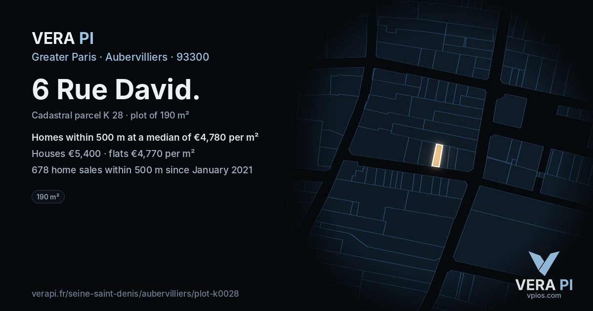 6 Rue David, Aubervilliers at night – the plot lit, the parcels around coloured by the prices near them