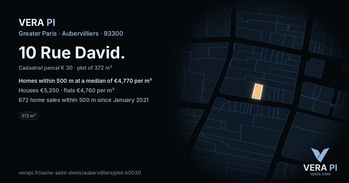 10 Rue David, Aubervilliers at night – the plot lit, the parcels around coloured by the prices near them